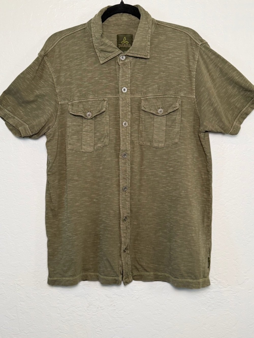 PrAna Olive Green Organic Cotton Short Sleeve Knit Button Down Men's Size M - Picture 2 of 13